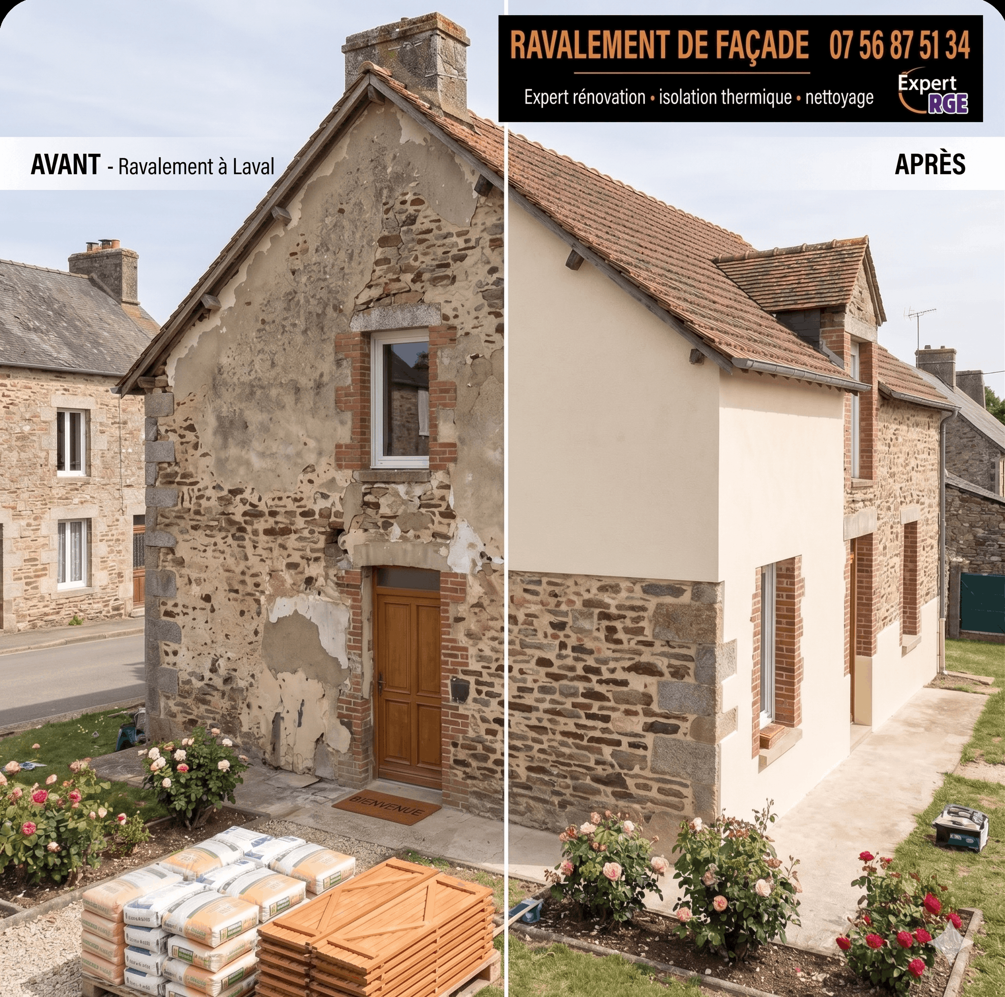 Avant après ravalement façade Mayenne